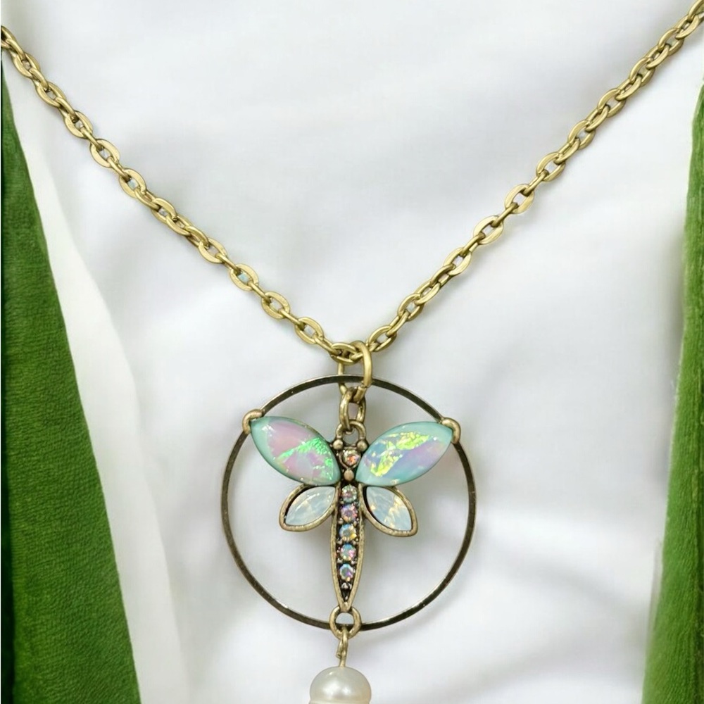 Antique Gold & Bronze Iridescent Dragonfly Pendant Necklace. NWT - Picture 3 of 7